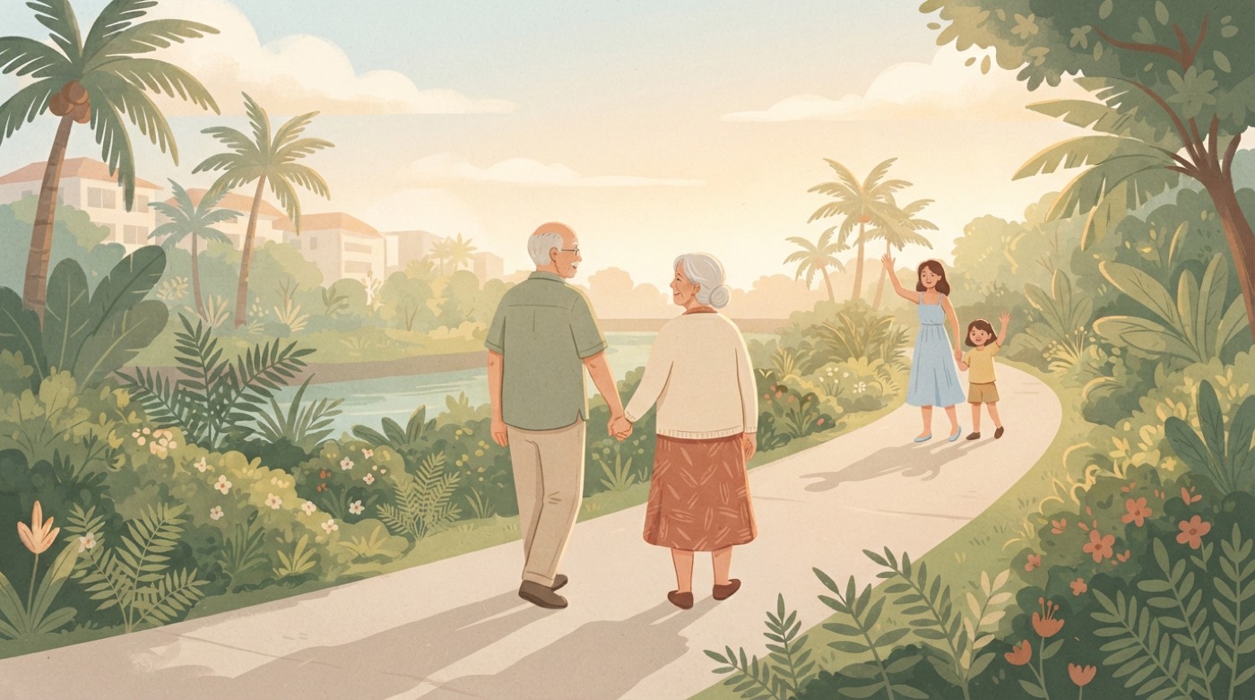 Illustration: an elderly couple walking hand in hand along a park connector while their daughter and grandchild wave from a distance.