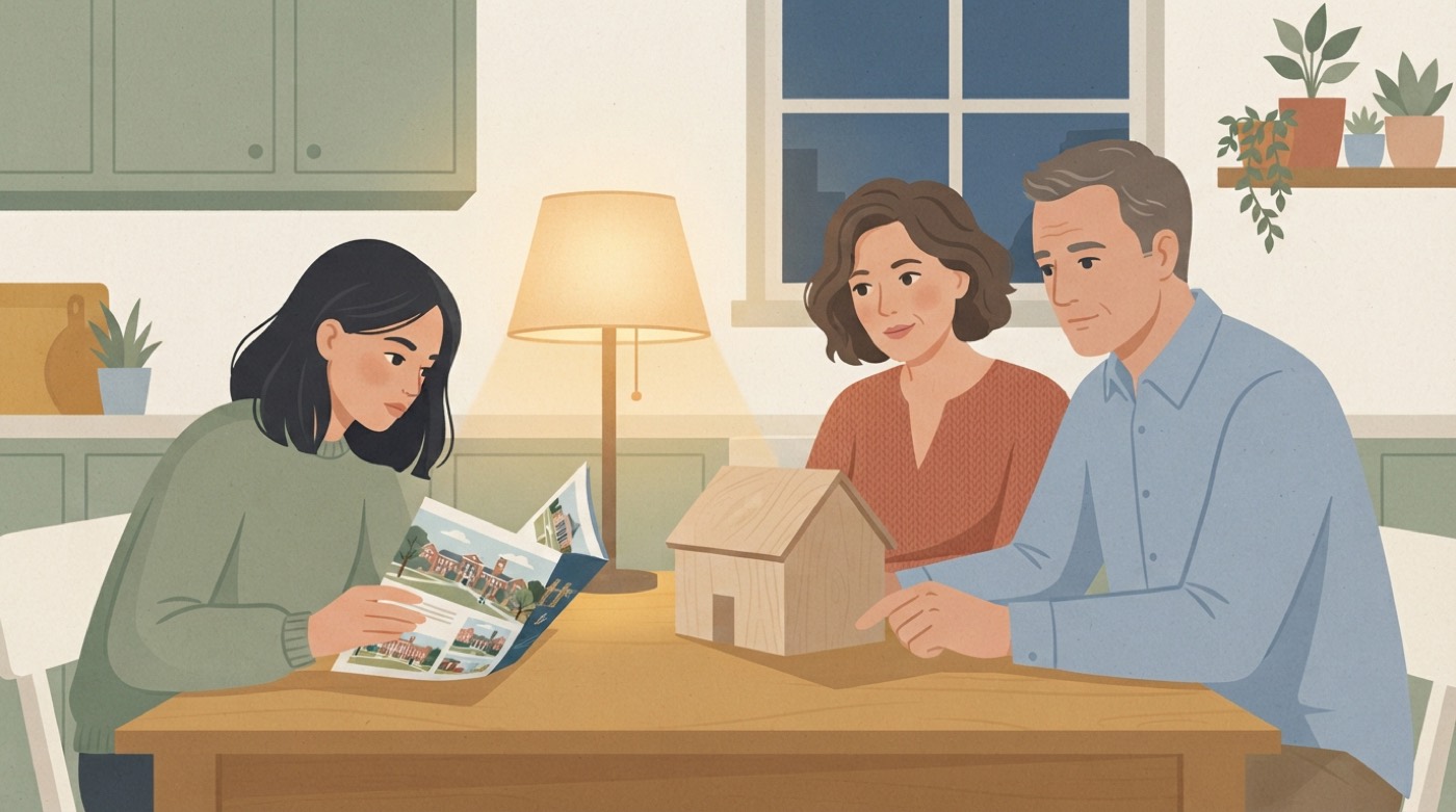 Illustration: parents at the kitchen table with their teenage daughter reading a university brochure, a model house on the table.