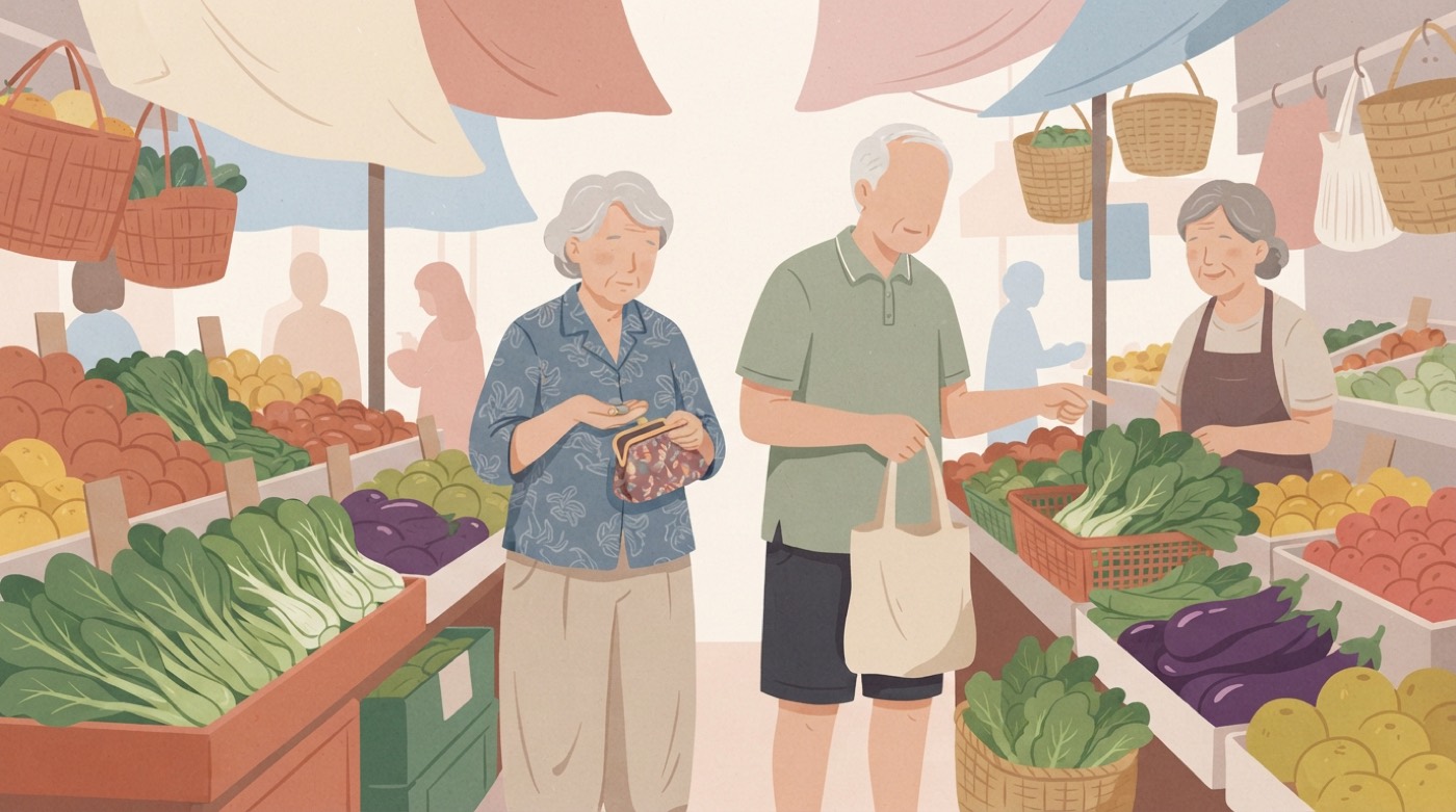 Illustration: a retired couple choosing vegetables at a Singapore wet market, the woman checking her purse.