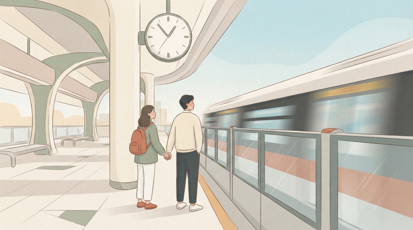 Illustration: a young couple on an MRT platform watching a train pull away under a large clock.
