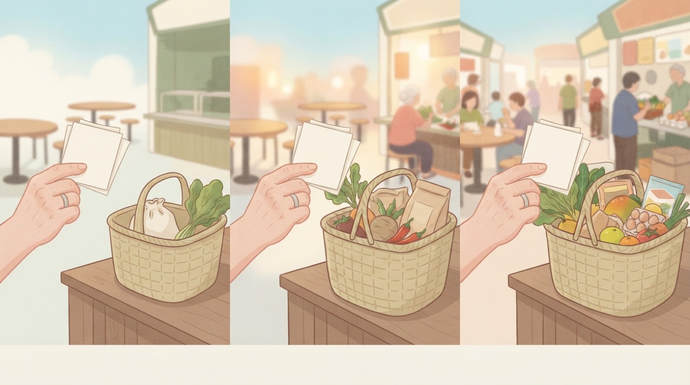 Illustration: the same hand holding the same payout in three panels while the grocery basket beside it grows fuller.