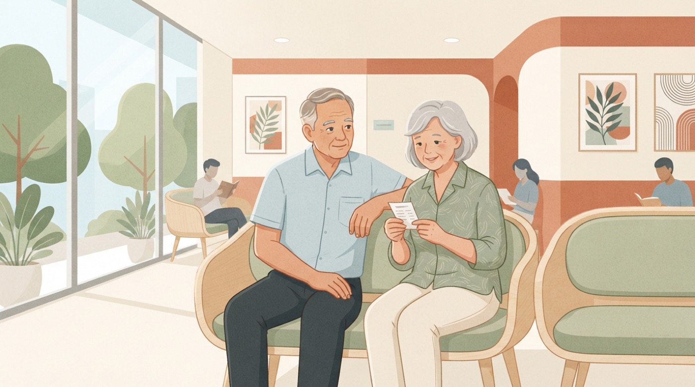 Illustration: an older couple waiting in a bright polyclinic, the wife holding a queue ticket.
