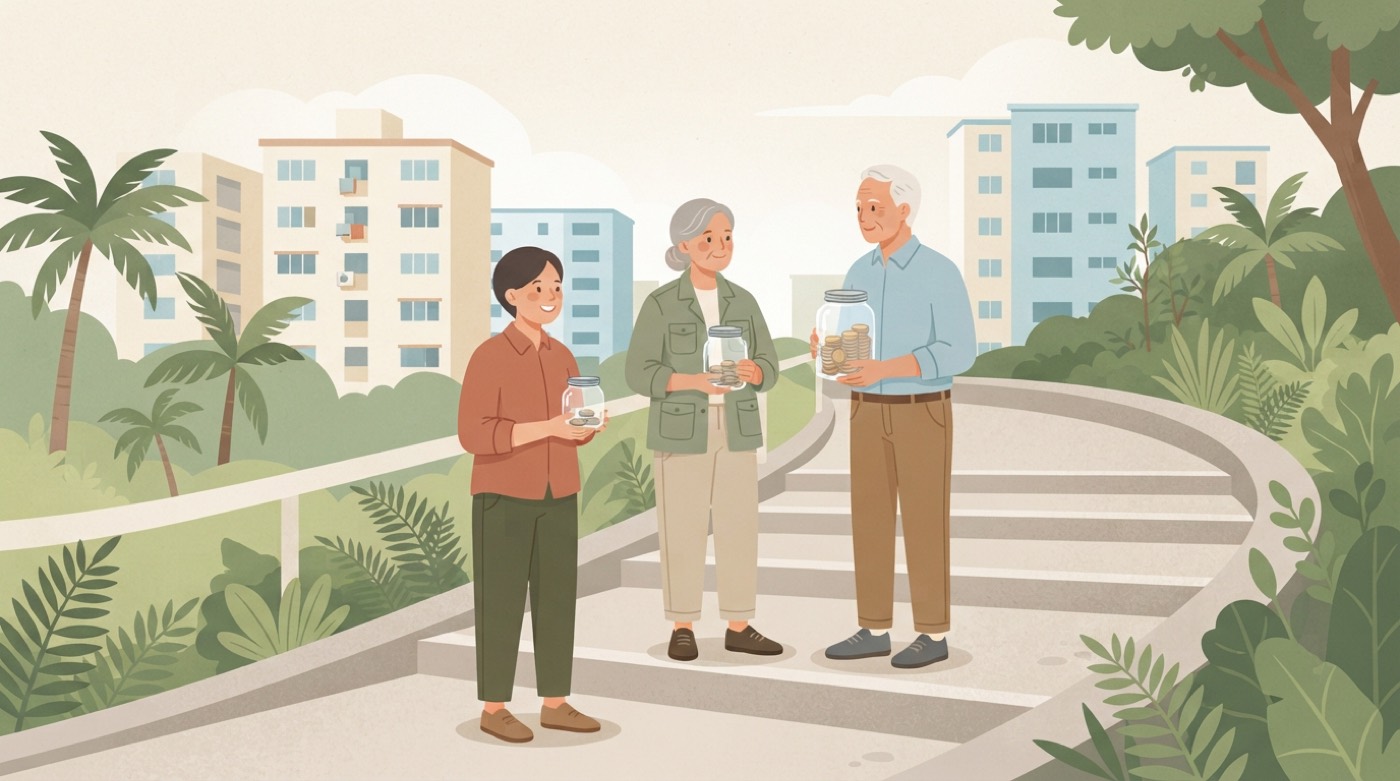 Illustration: three people of different ages on a park connector staircase near HDB blocks, each holding a savings jar of a different size.