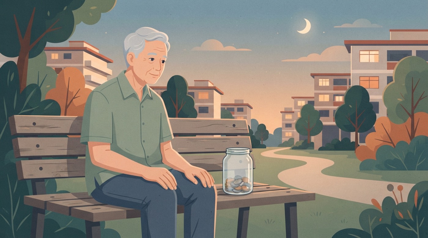 Illustration: a retired man on a park bench in an HDB estate at dusk, a half-filled jar of coins beside him.