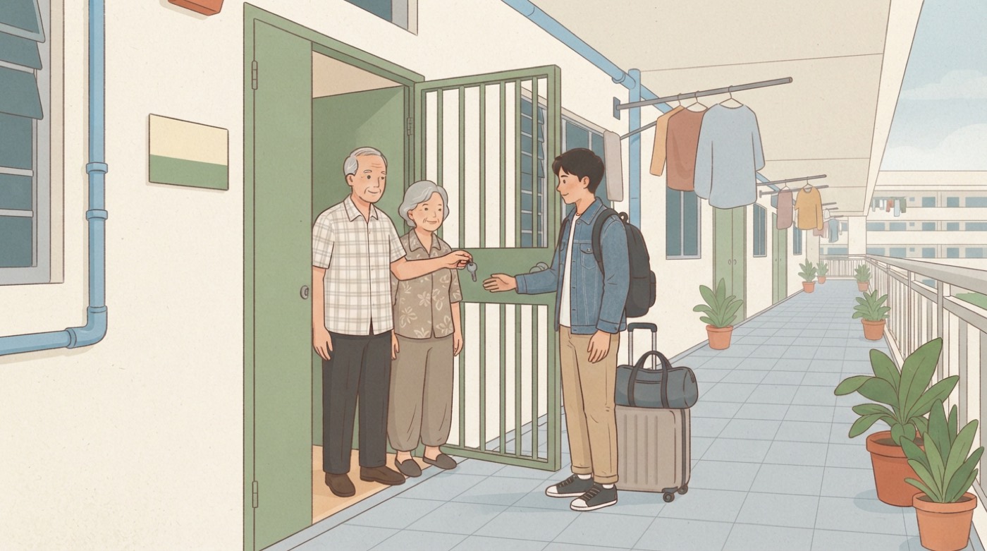 Illustration: an older couple at the door of their HDB flat handing a key to a young tenant with a suitcase, potted plants along the corridor.