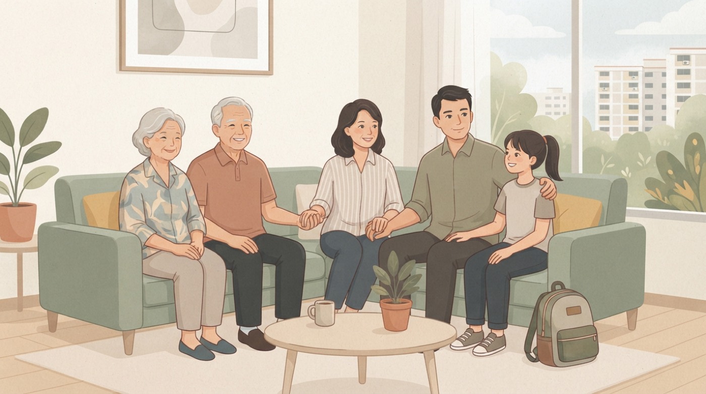 Illustration: three generations on one sofa, the parents in the middle holding hands with the grandparents and their child.