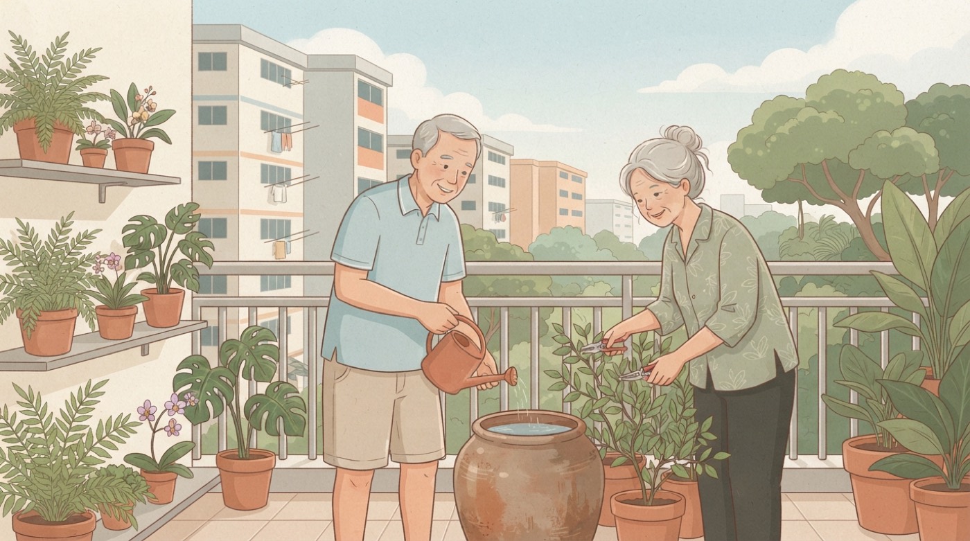 Illustration: a retired couple on their HDB balcony, the husband pouring water into a large clay jar while his wife tends the plants.